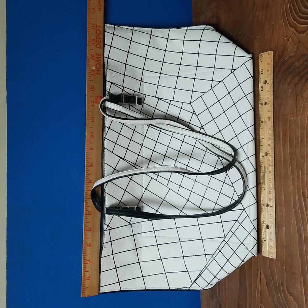 Calvin Klein White Tote with Black Grid Straps